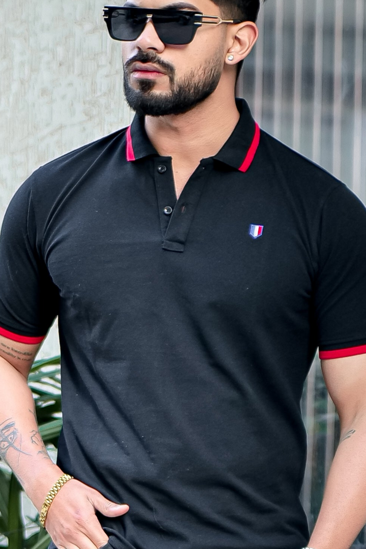 Black Ribbed Collar Logo Embroidered Polo T-Shirt