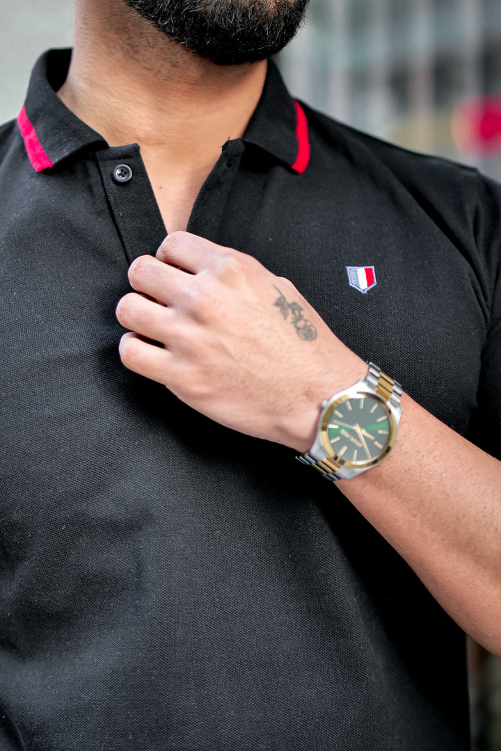 Black Ribbed Collar Logo Embroidered Polo T-Shirt