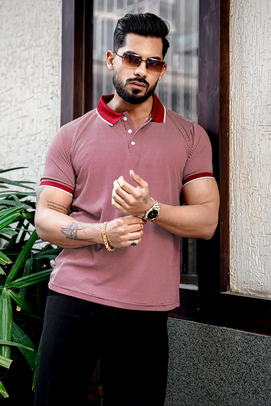 Maroon Self Design Polo Neck T-Shirt