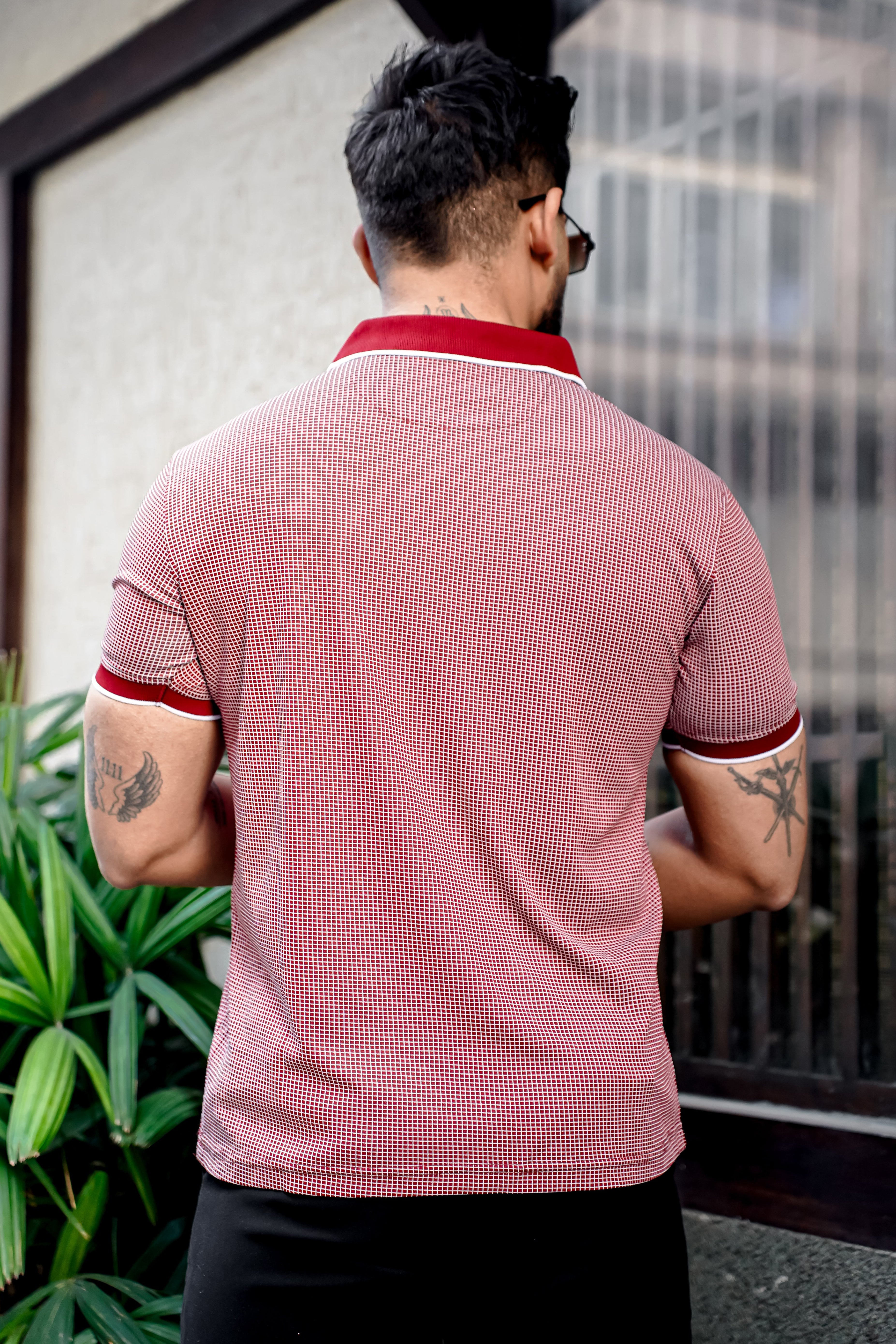 Maroon Self Design Polo Neck T-Shirt