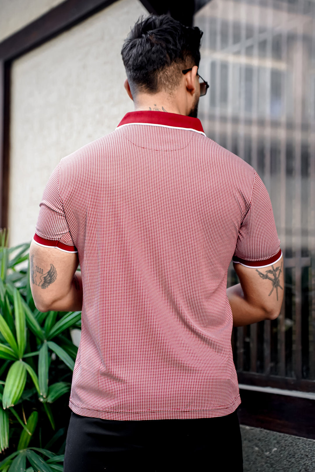 Maroon Self Design Polo Neck T-Shirt