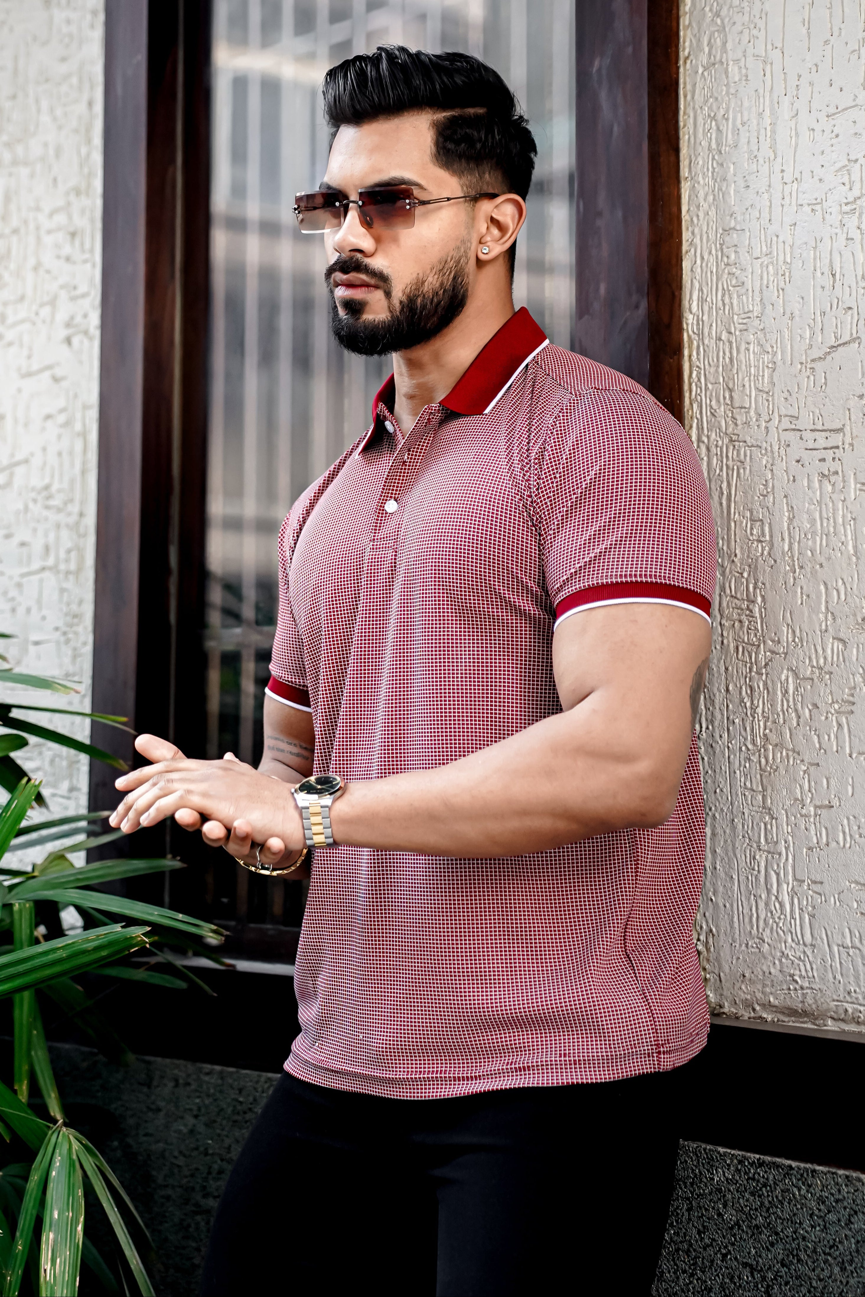 Maroon Self Design Polo Neck T-Shirt