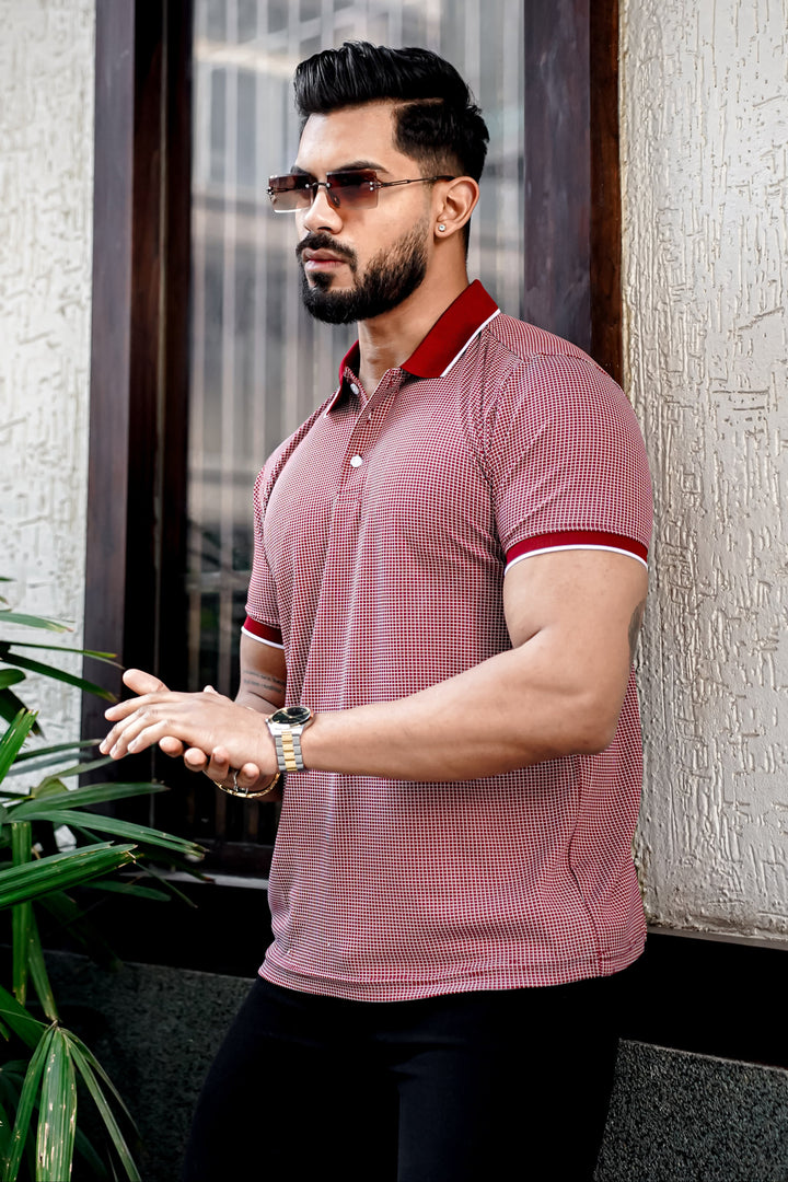 Maroon Self Design Polo Neck T-Shirt