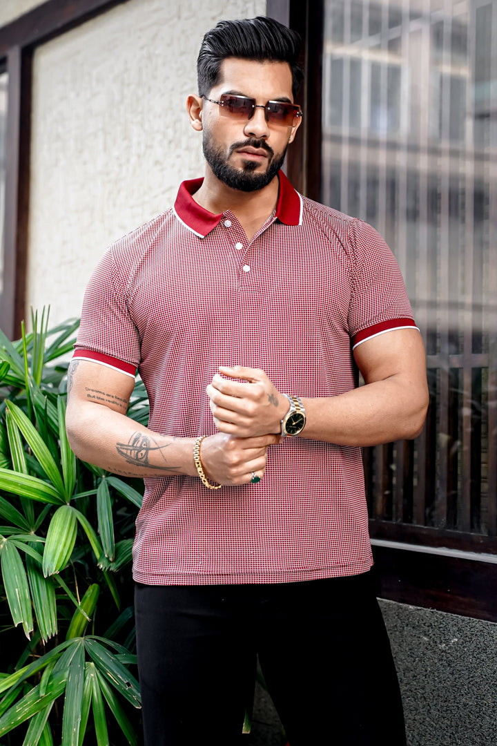 Maroon Self Design Polo Neck T-Shirt