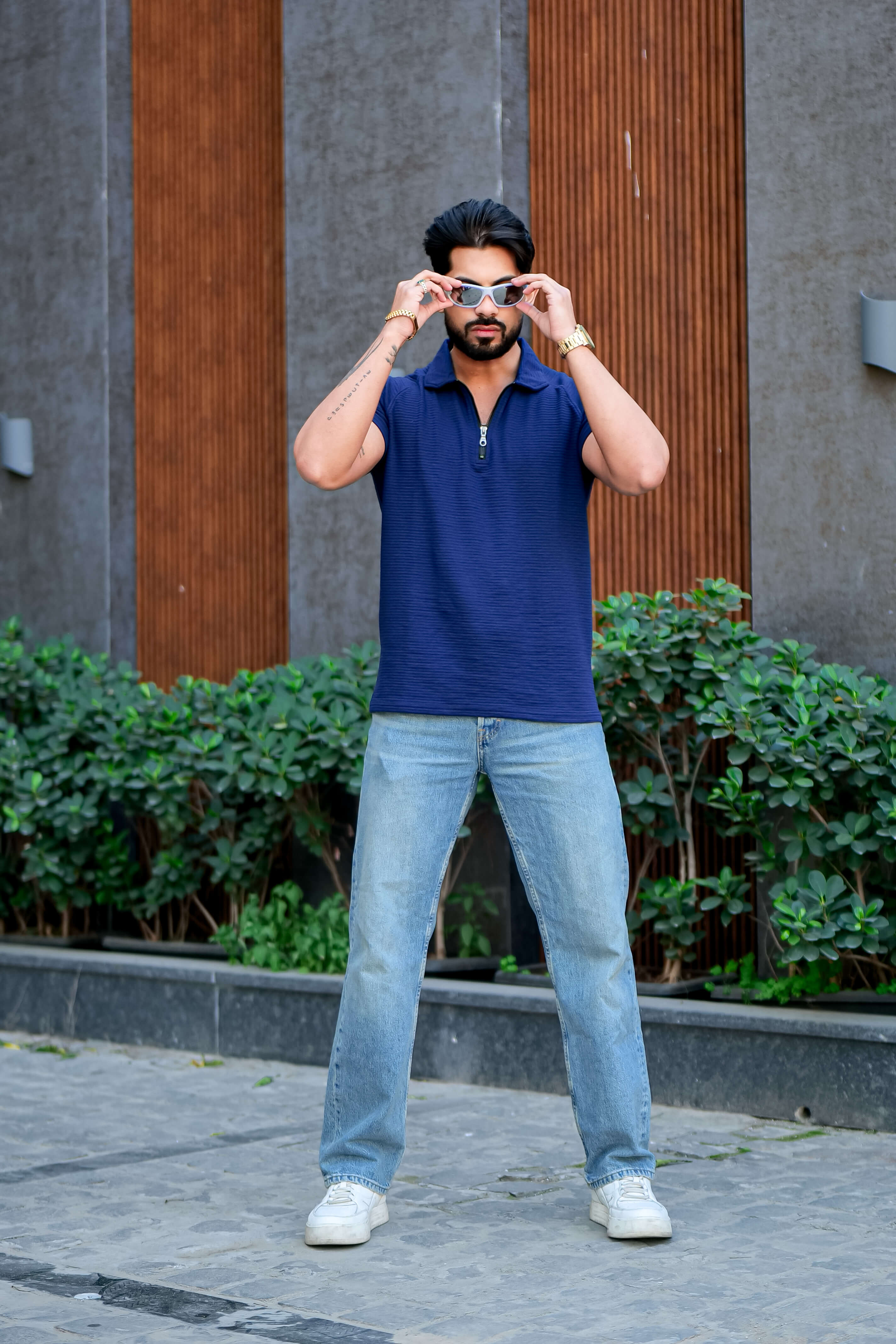 Royal Blue Ottoman Zipper Polo Collar T-Shirt