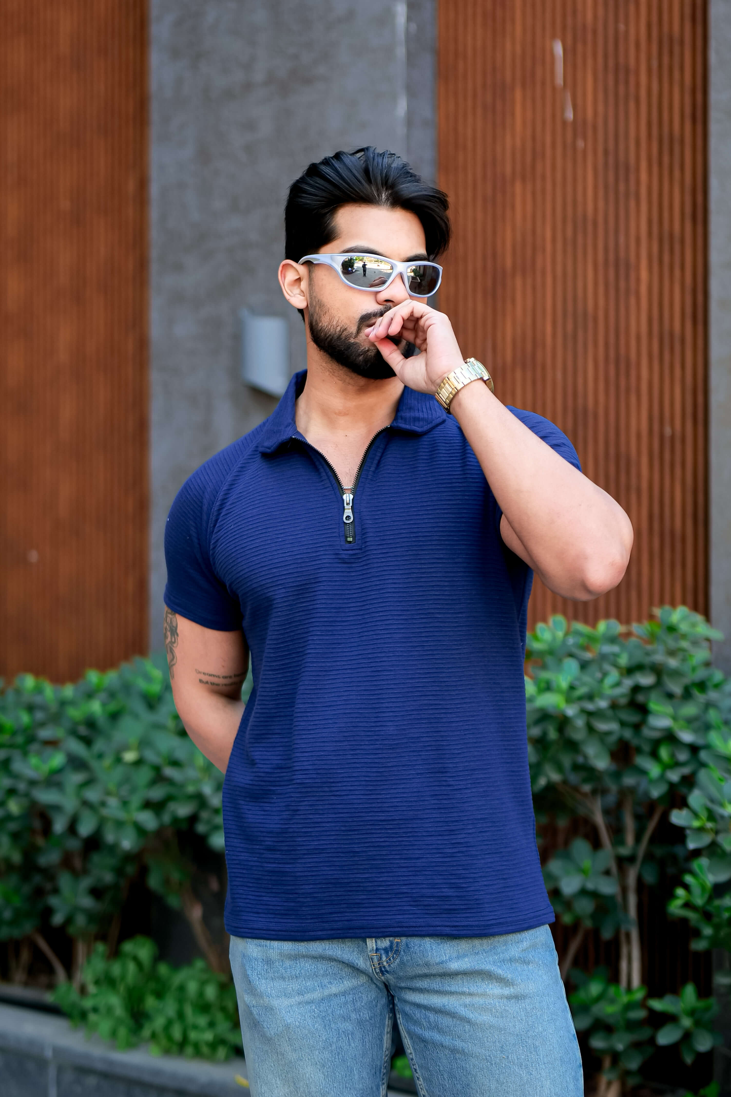 Royal Blue Ottoman Zipper Polo Collar T-Shirt