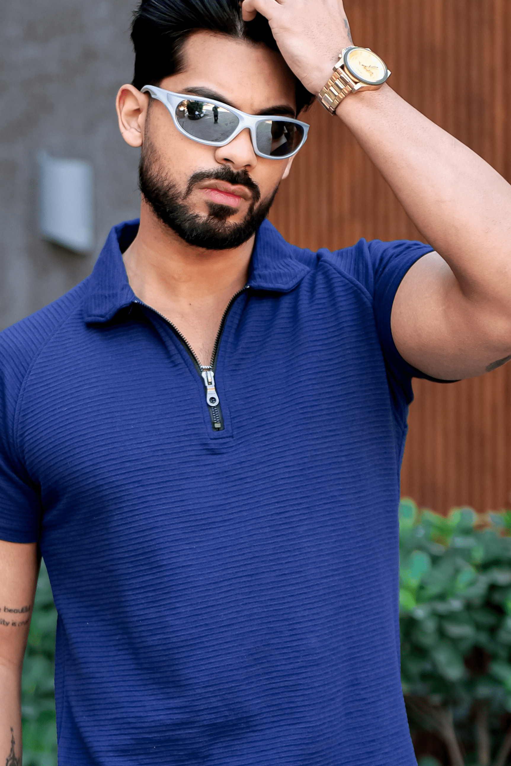Royal Blue Ottoman Zipper Polo Collar T-Shirt
