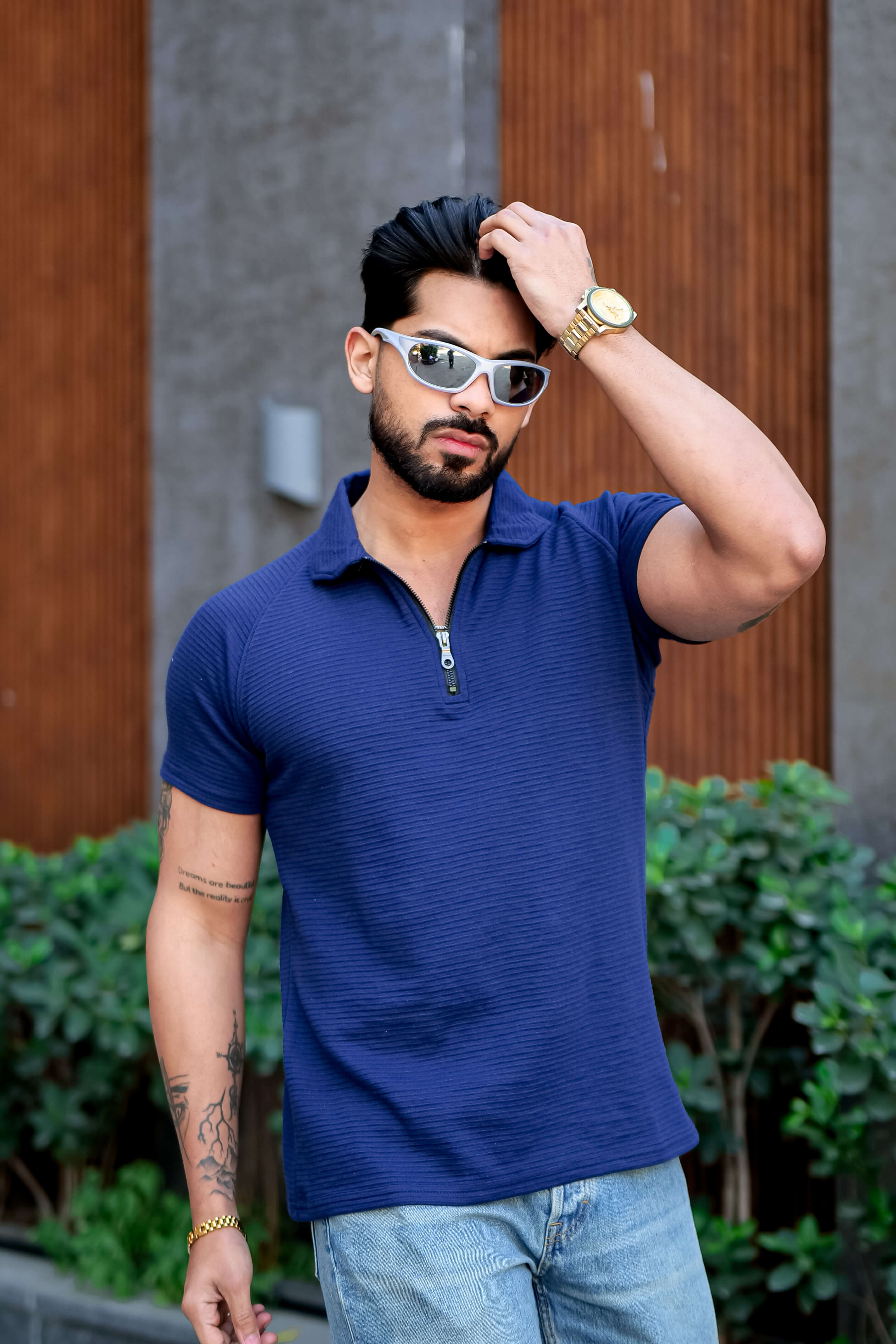 Royal Blue Ottoman Zipper Polo Collar T-Shirt
