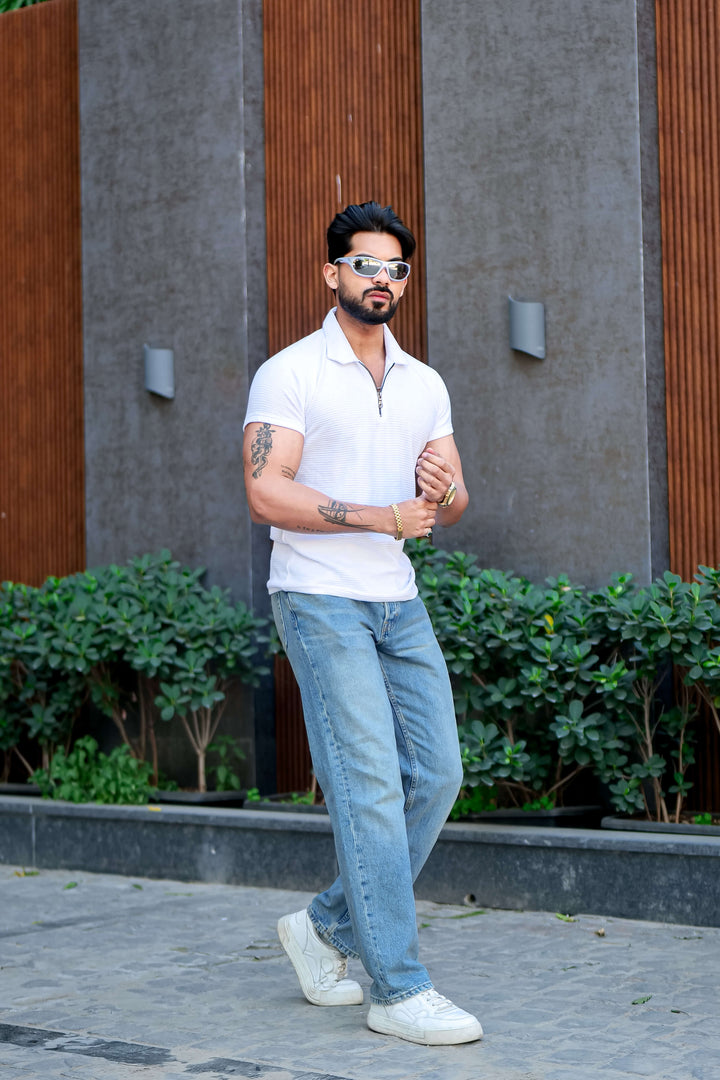White Ottoman Zipper Polo Collar T-Shirt