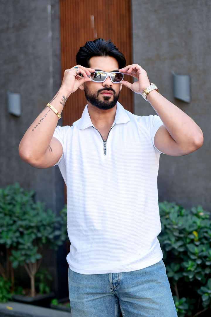 White Ottoman Zipper Polo Collar T-Shirt