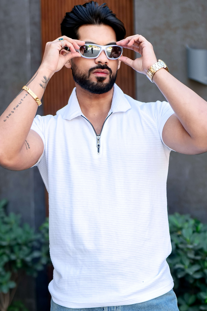 White Ottoman Zipper Polo Collar T-Shirt
