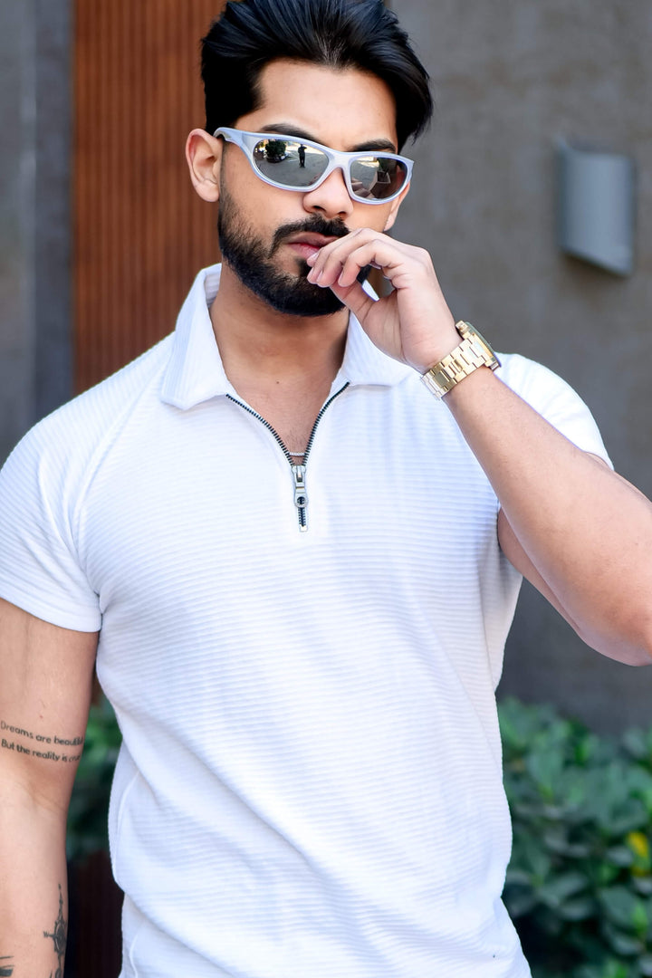 White Ottoman Zipper Polo Collar T-Shirt