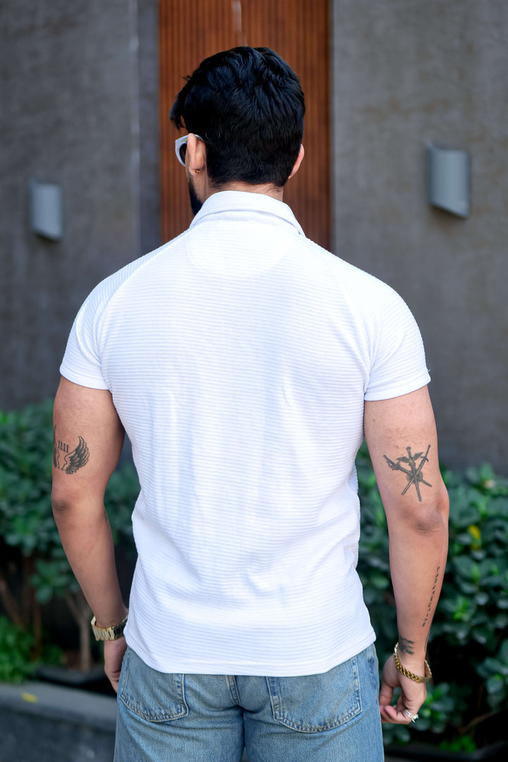 White Ottoman Zipper Polo Collar T-Shirt