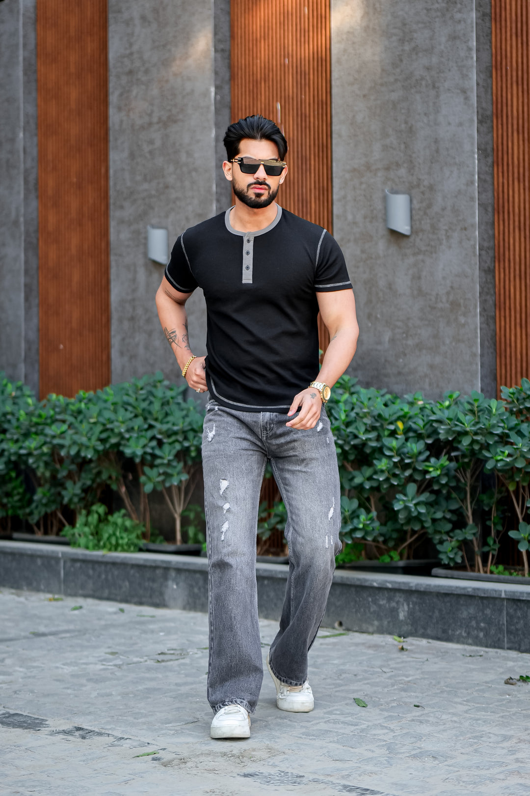 Black Waffle Colorblock Contrast Stitch Henley T-Shirt