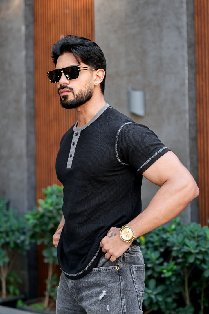 Black Waffle Colorblock Contrast Stitch Henley T-Shirt