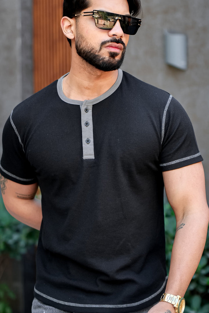 Black Waffle Colorblock Contrast Stitch Henley T-Shirt