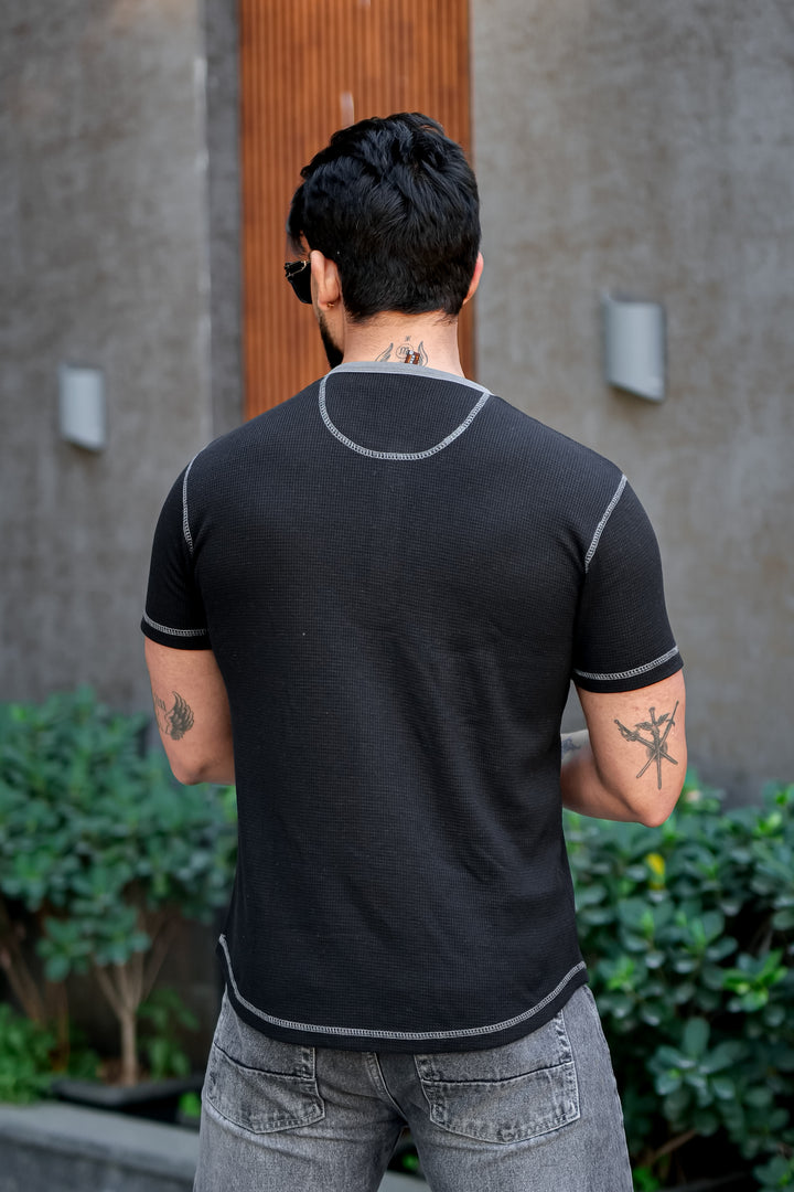 Black Waffle Colorblock Contrast Stitch Henley T-Shirt