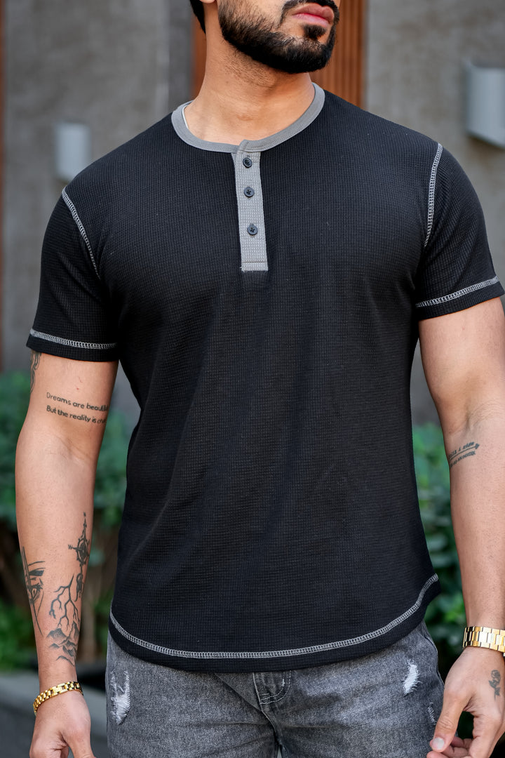 Black Waffle Colorblock Contrast Stitch Henley T-Shirt