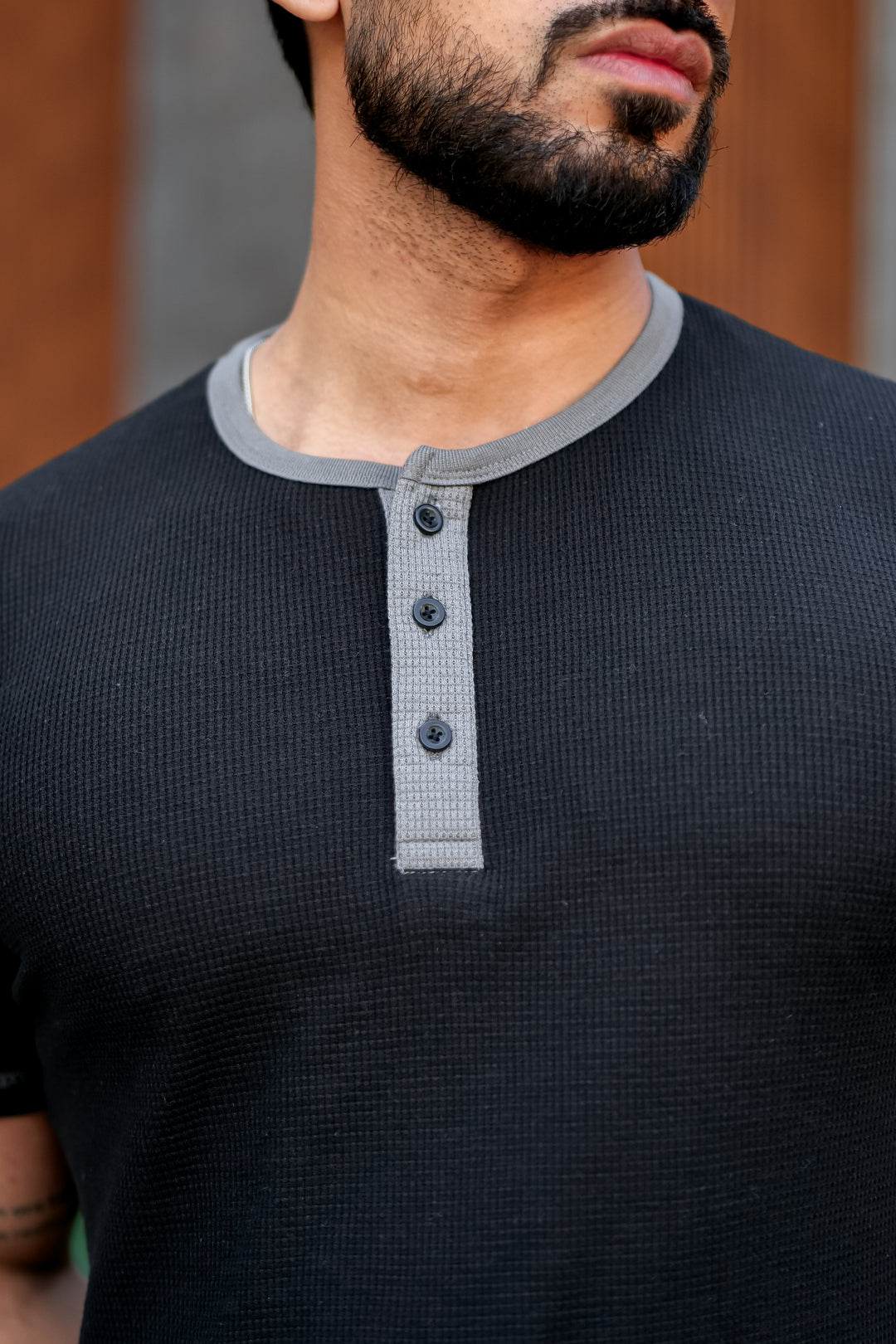 Black Waffle Colorblock Contrast Stitch Henley T-Shirt