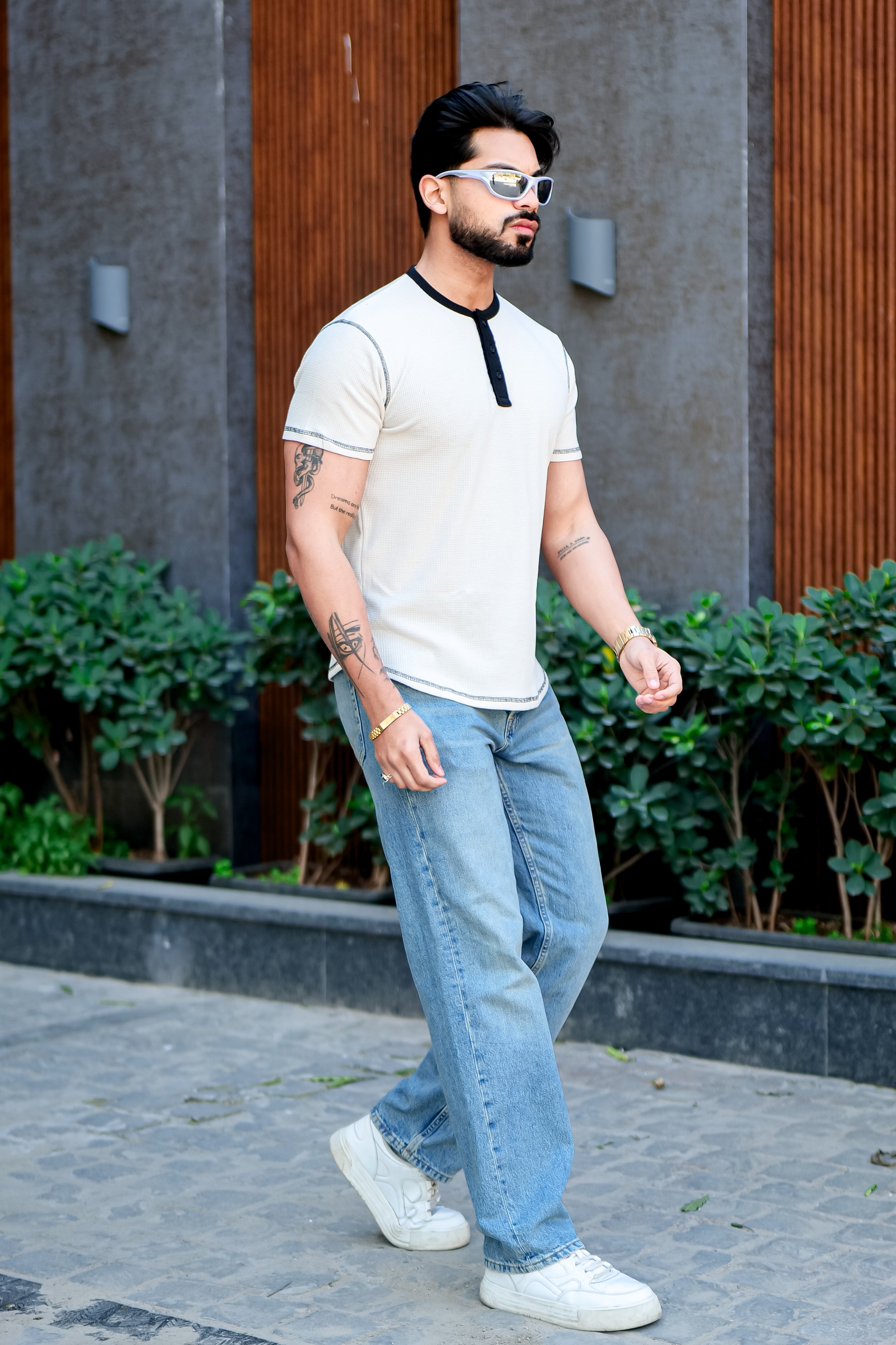 Cream Waffle Color block Henley T-Shirt