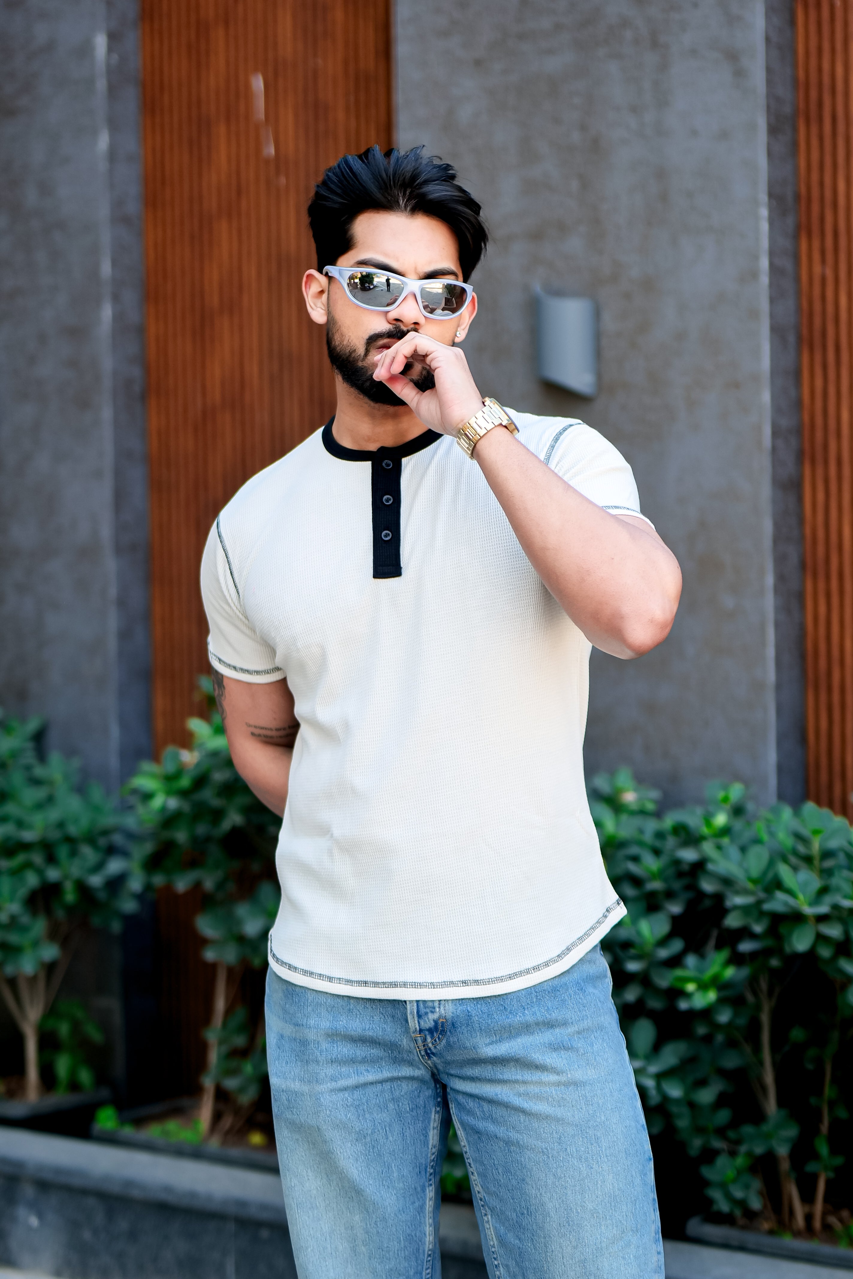 Cream Waffle Color block Henley T-Shirt