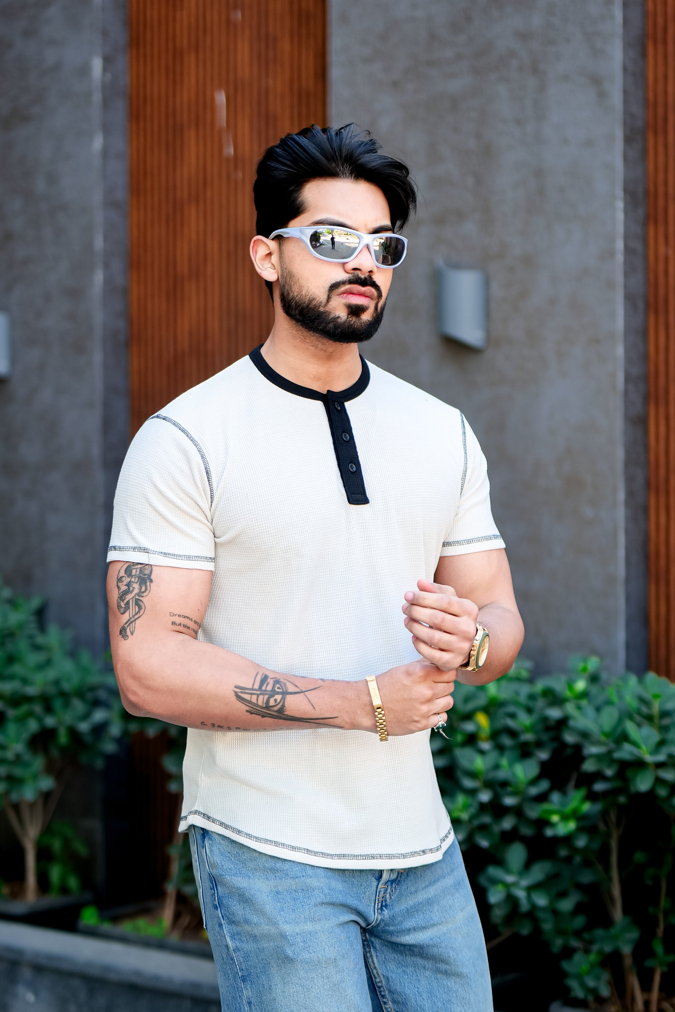 Cream Waffle Color block Henley T-Shirt