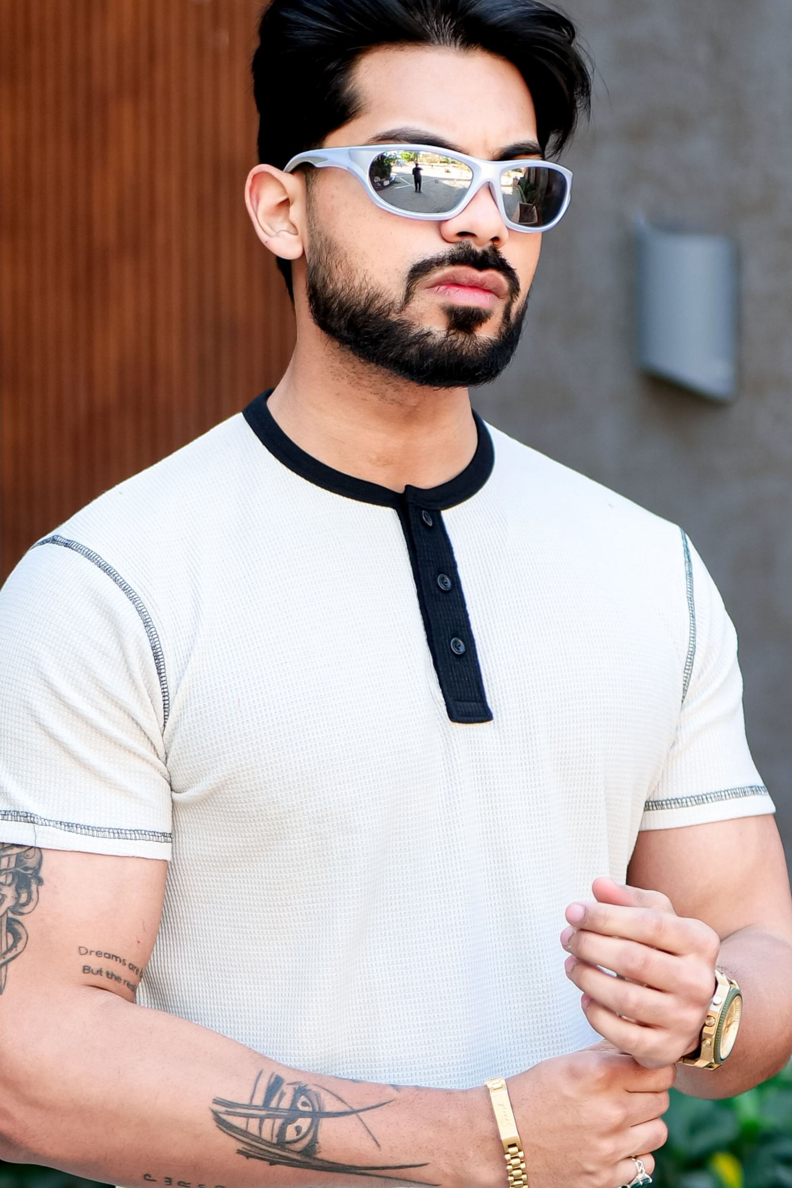 Cream Waffle Color block Henley T-Shirt