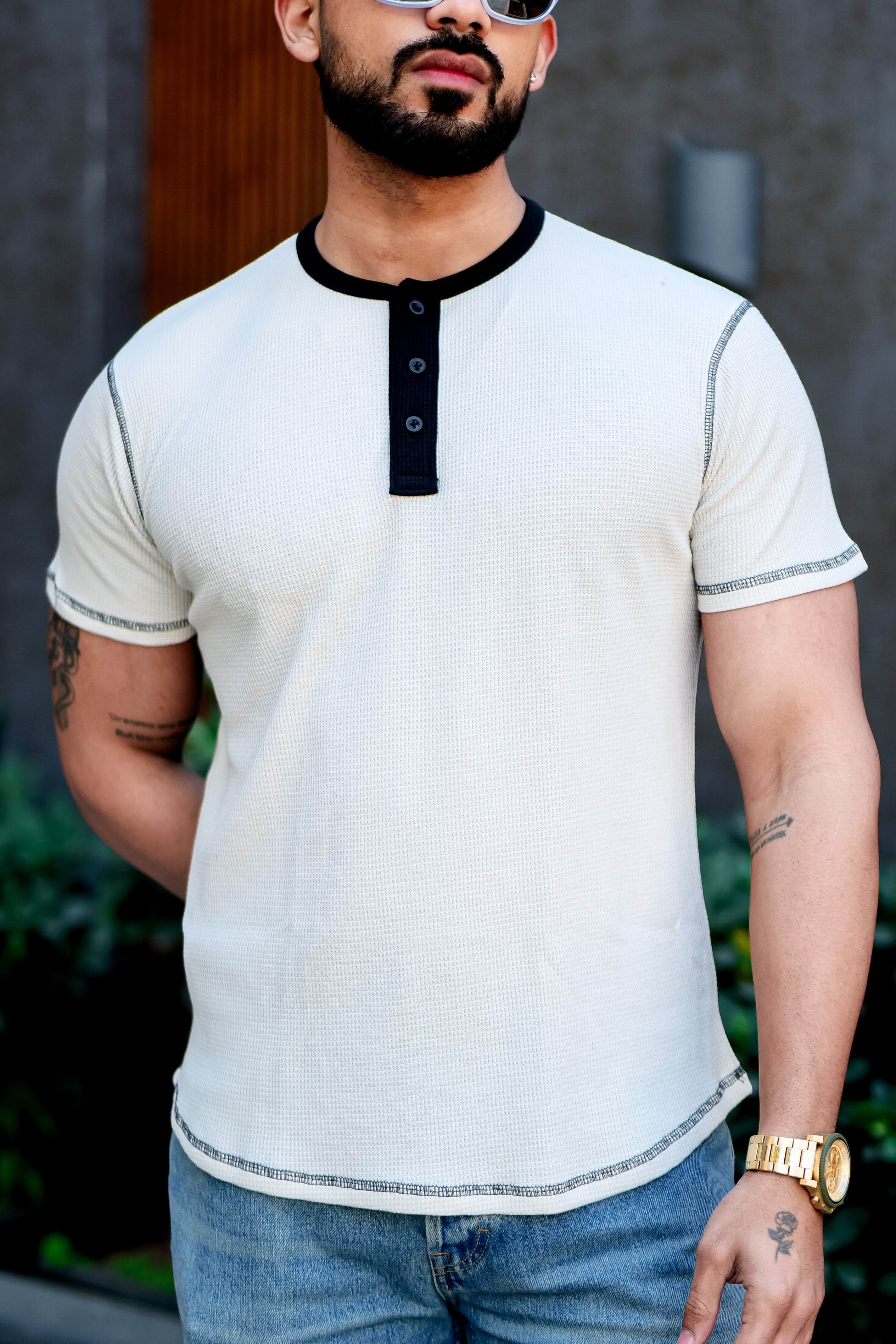 Cream Waffle Color block Henley T-Shirt