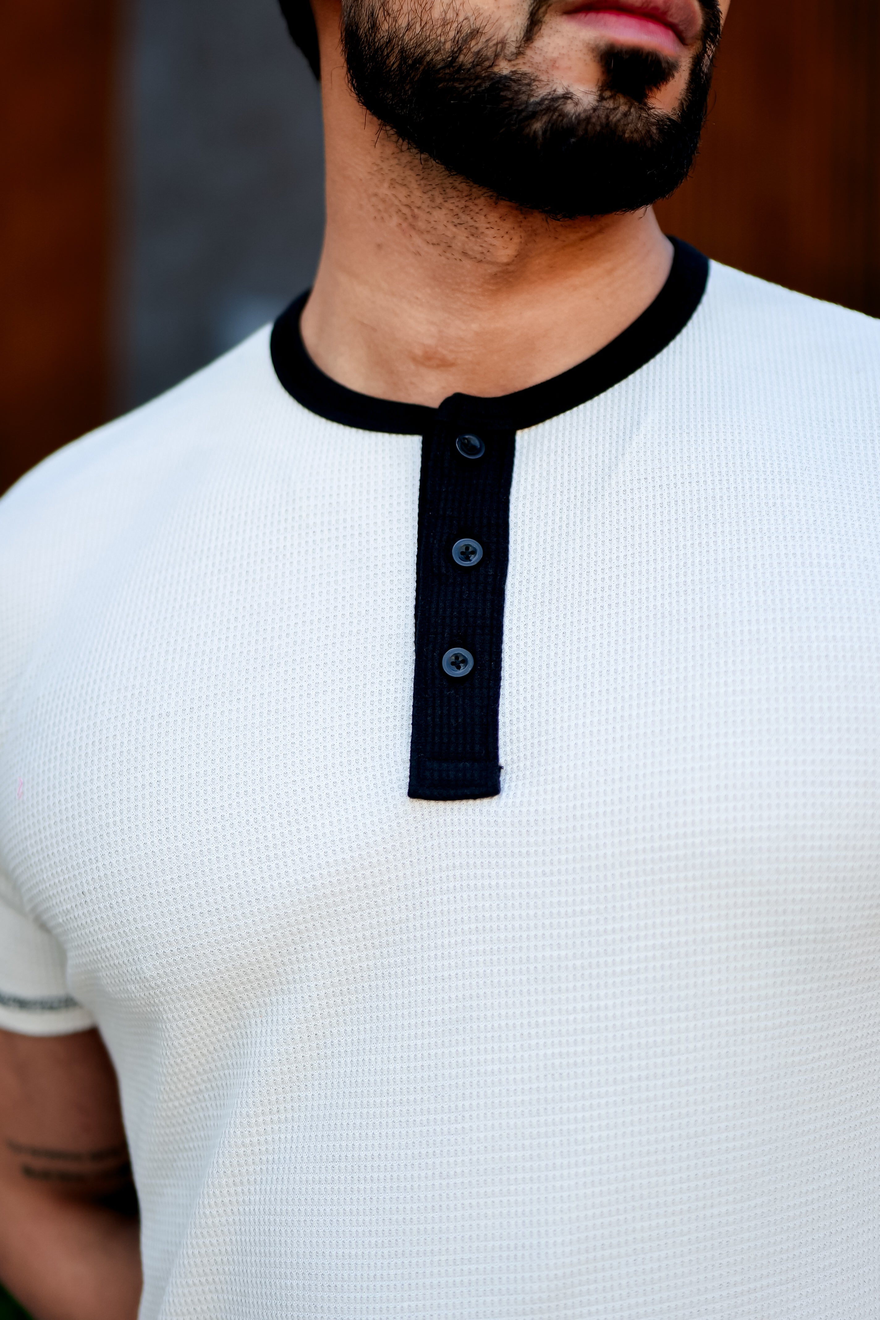 Cream Waffle Color block Henley T-Shirt