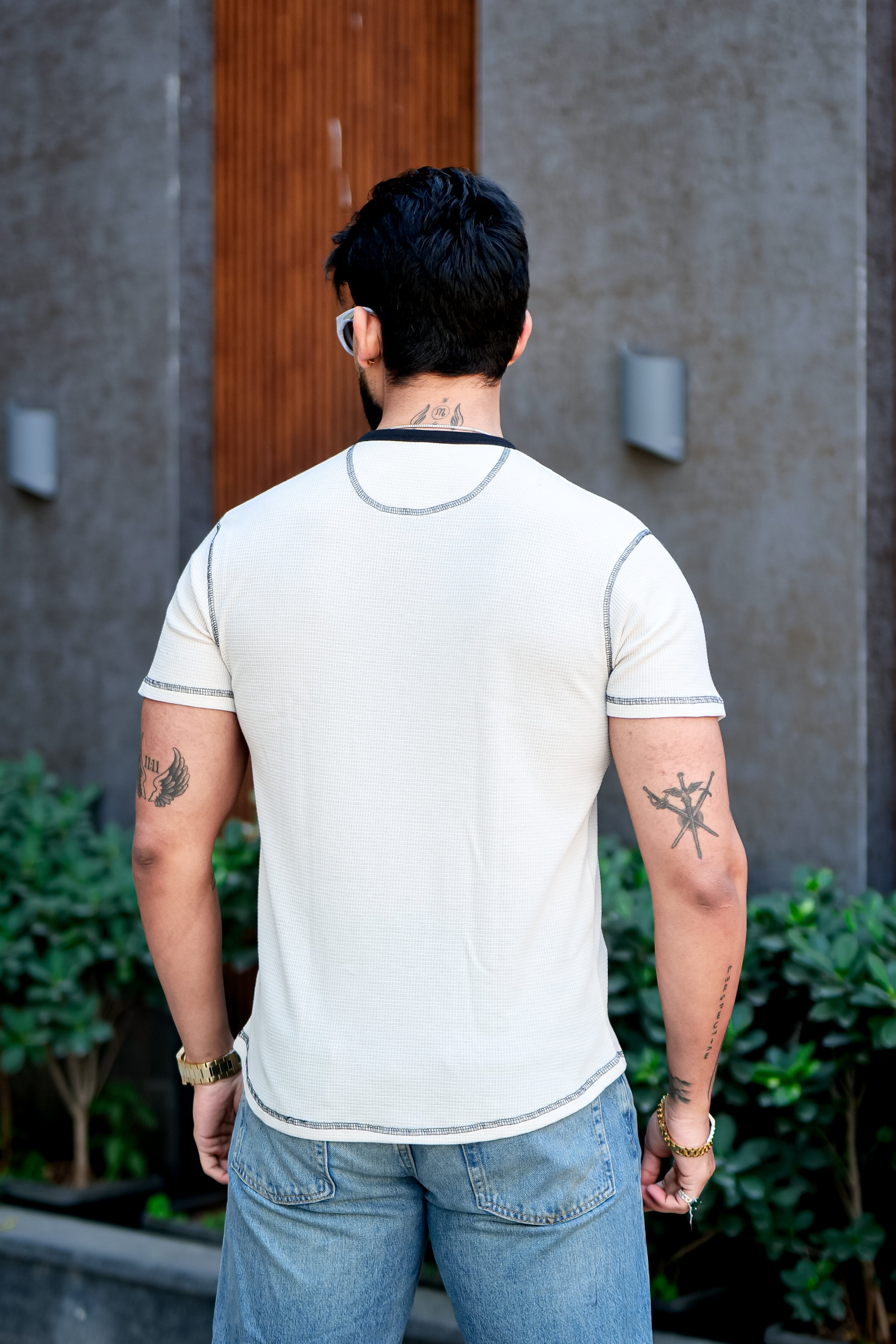 Cream Waffle Color block Henley T-Shirt