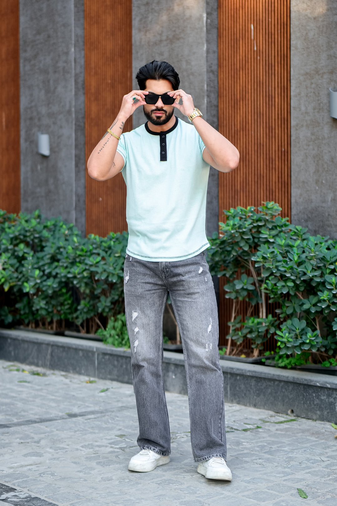 Blue Waffle Color block Henley T-Shirt