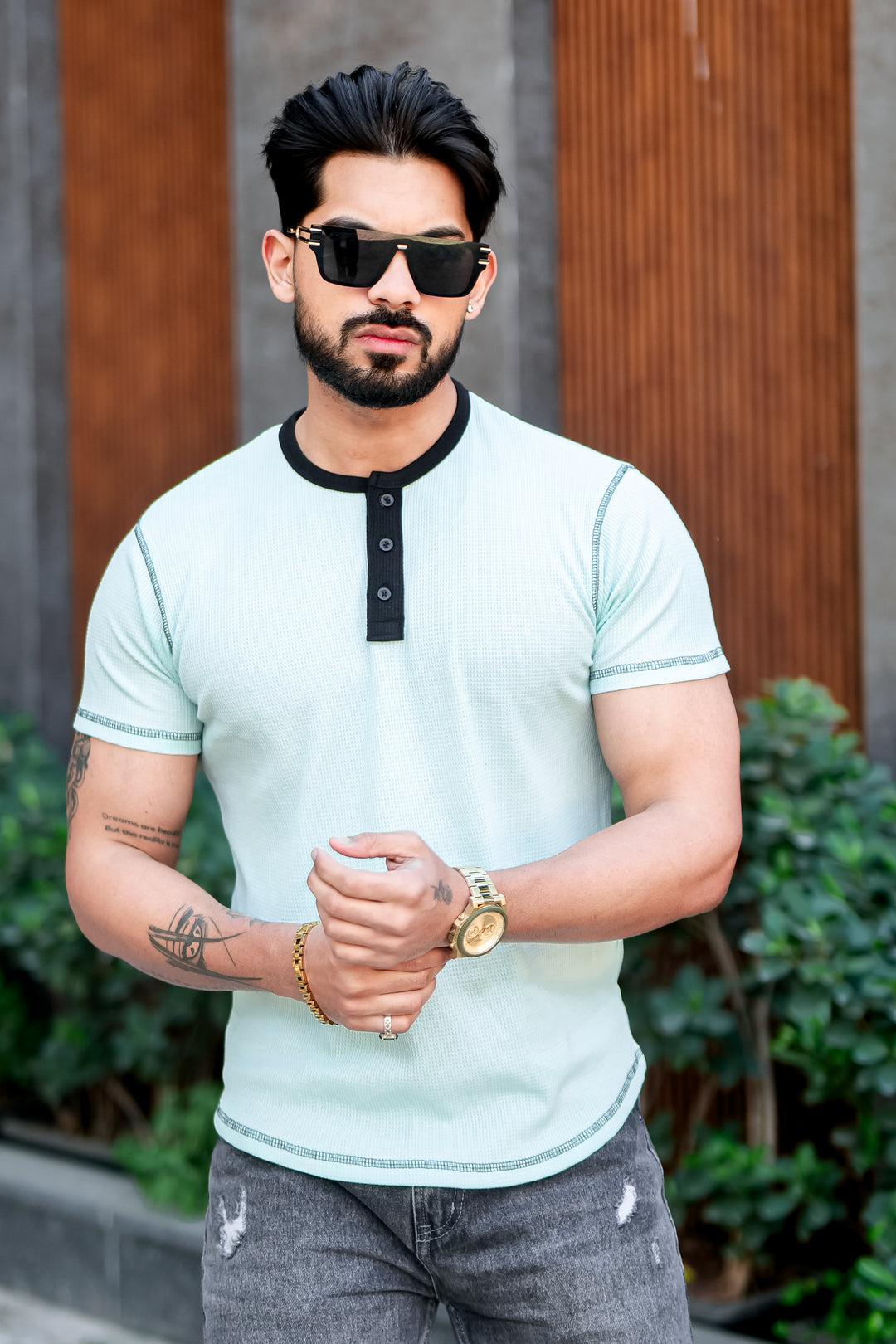 Blue Waffle Color block Henley T-Shirt