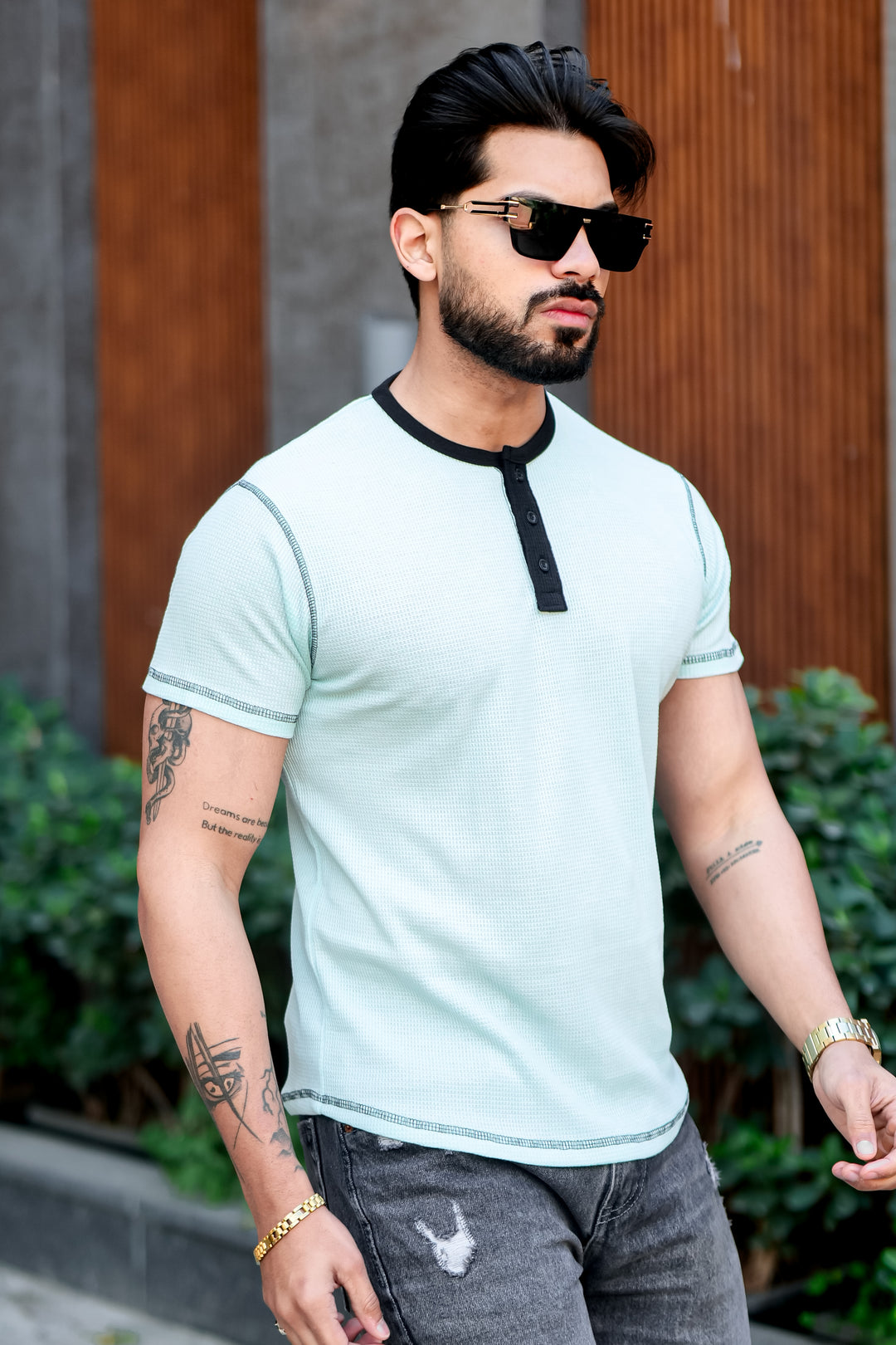 Blue Waffle Color block Henley T-Shirt