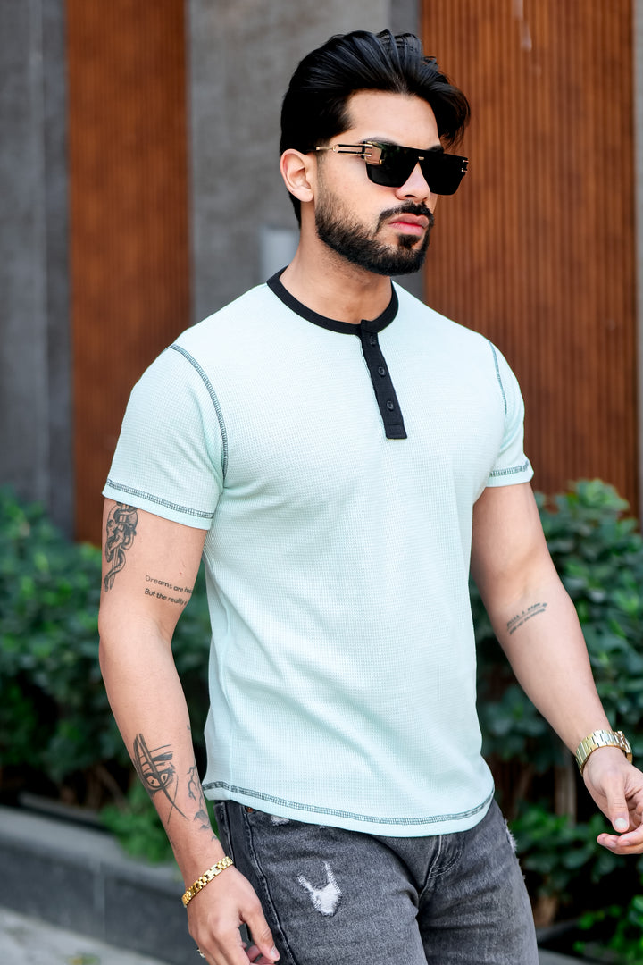 Blue Waffle Color block Henley T-Shirt
