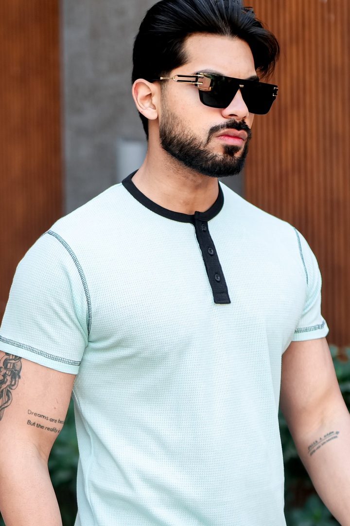 Blue Waffle Color block Henley T-Shirt