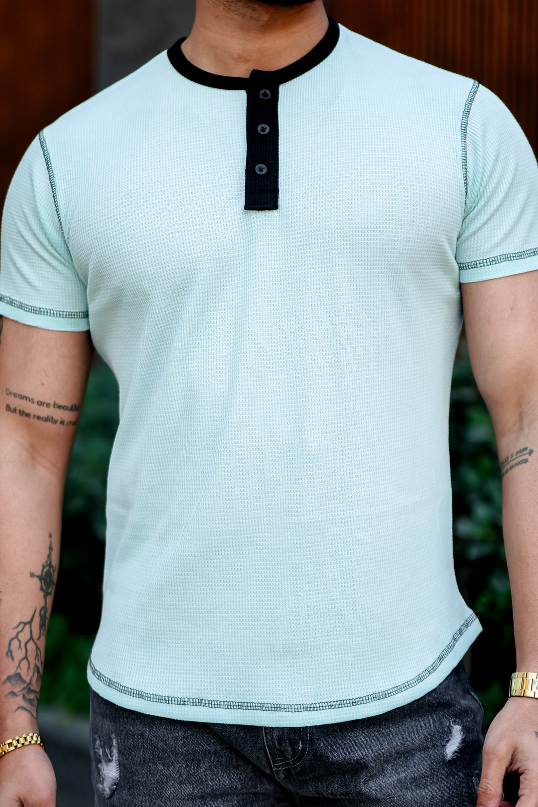 Blue Waffle Color block Henley T-Shirt