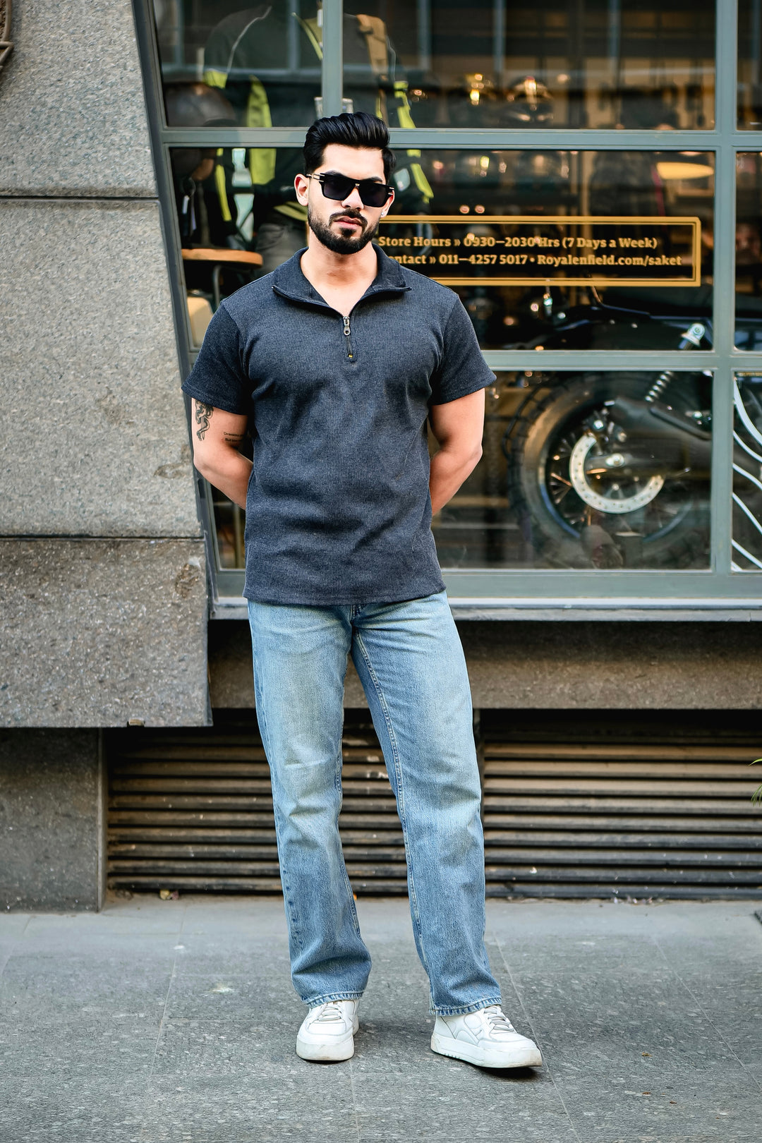 Dark Grey Self Design Ribbed Zipper T-Shirt