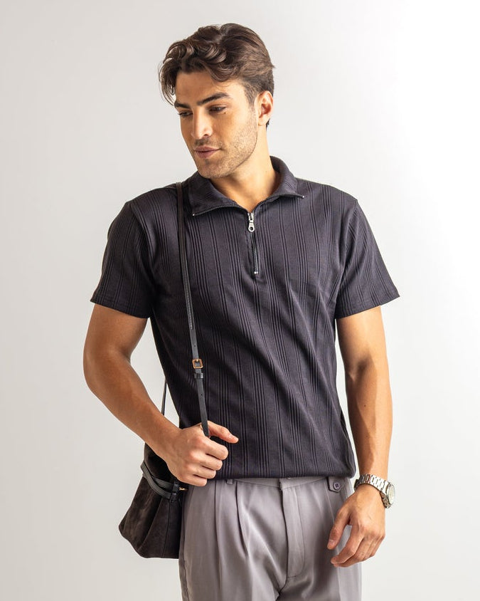 Black Self Design Cotton Rib Zipper T-Shirt