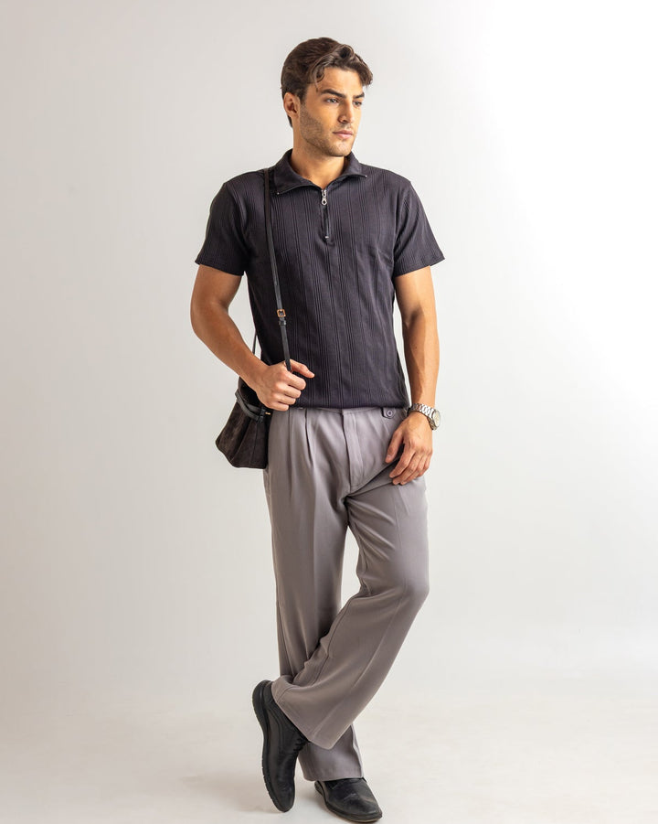 Black Self Design Cotton Rib Zipper T-Shirt