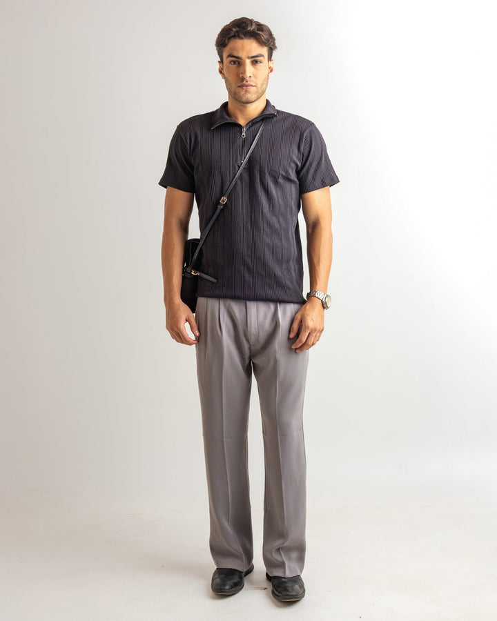 Black Self Design Cotton Rib Zipper T-Shirt