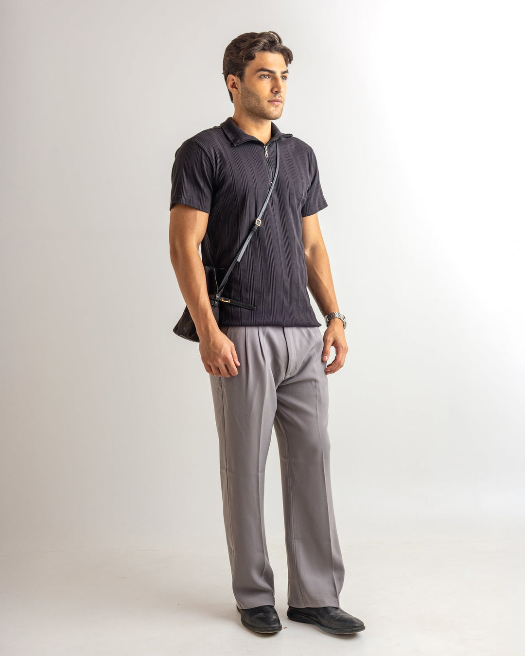 Black Self Design Cotton Rib Zipper T-Shirt