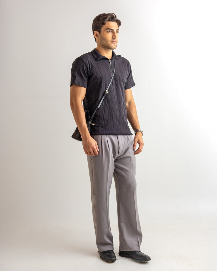 Black Self Design Cotton Rib Zipper T-Shirt