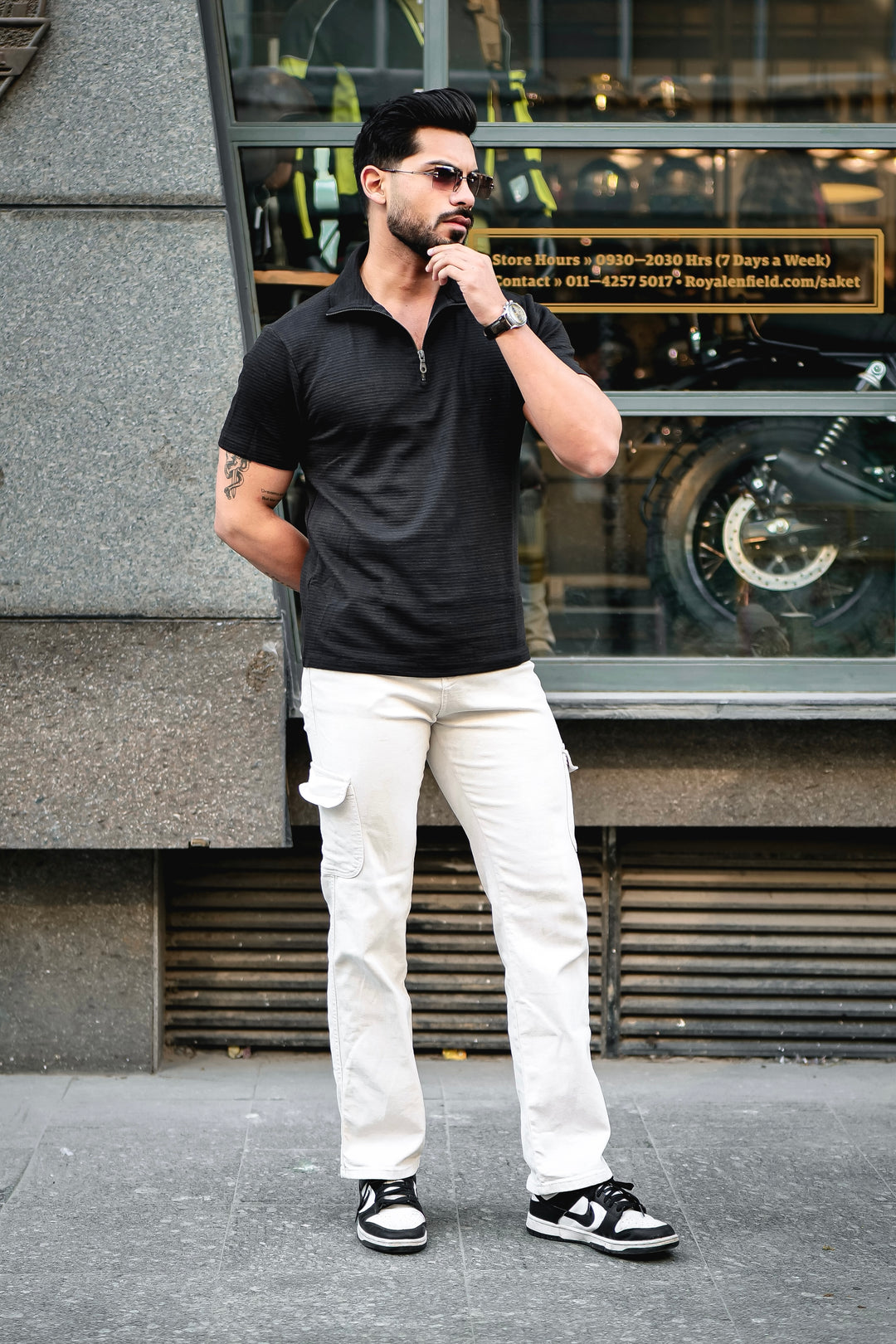 Black Self Design Zipper T-Shirt
