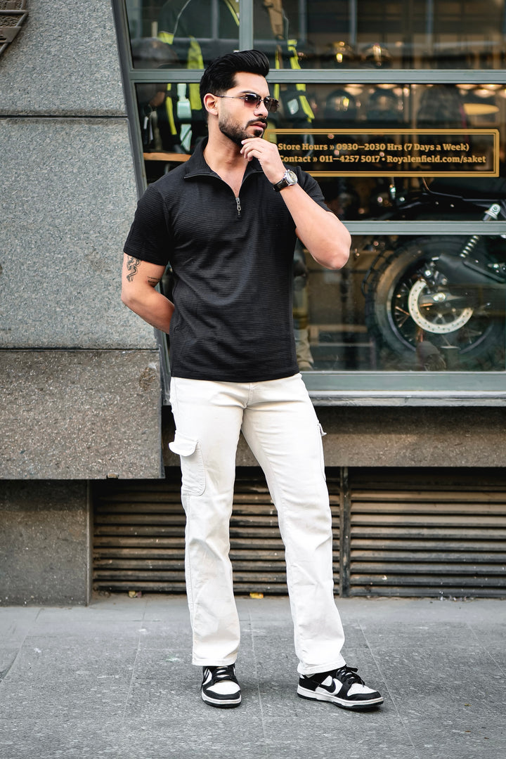 Black Self Design Zipper T-Shirt