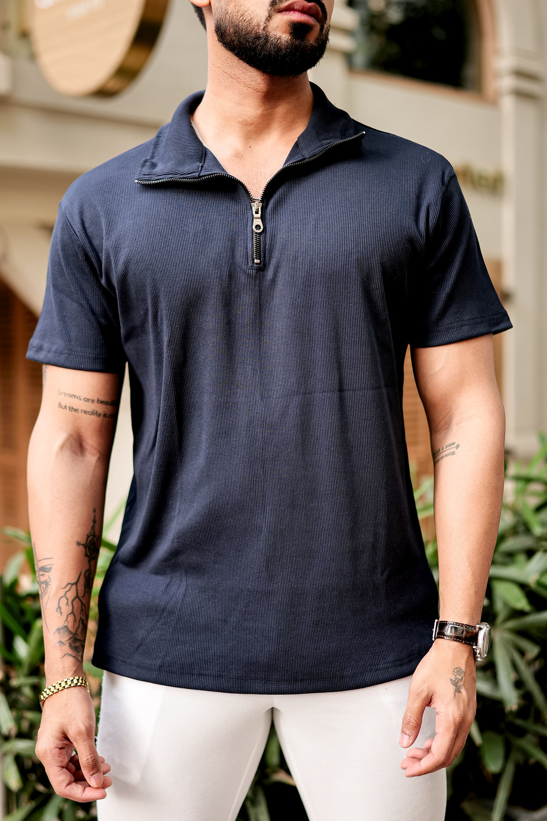 Black Waffle Zipper T-Shirt