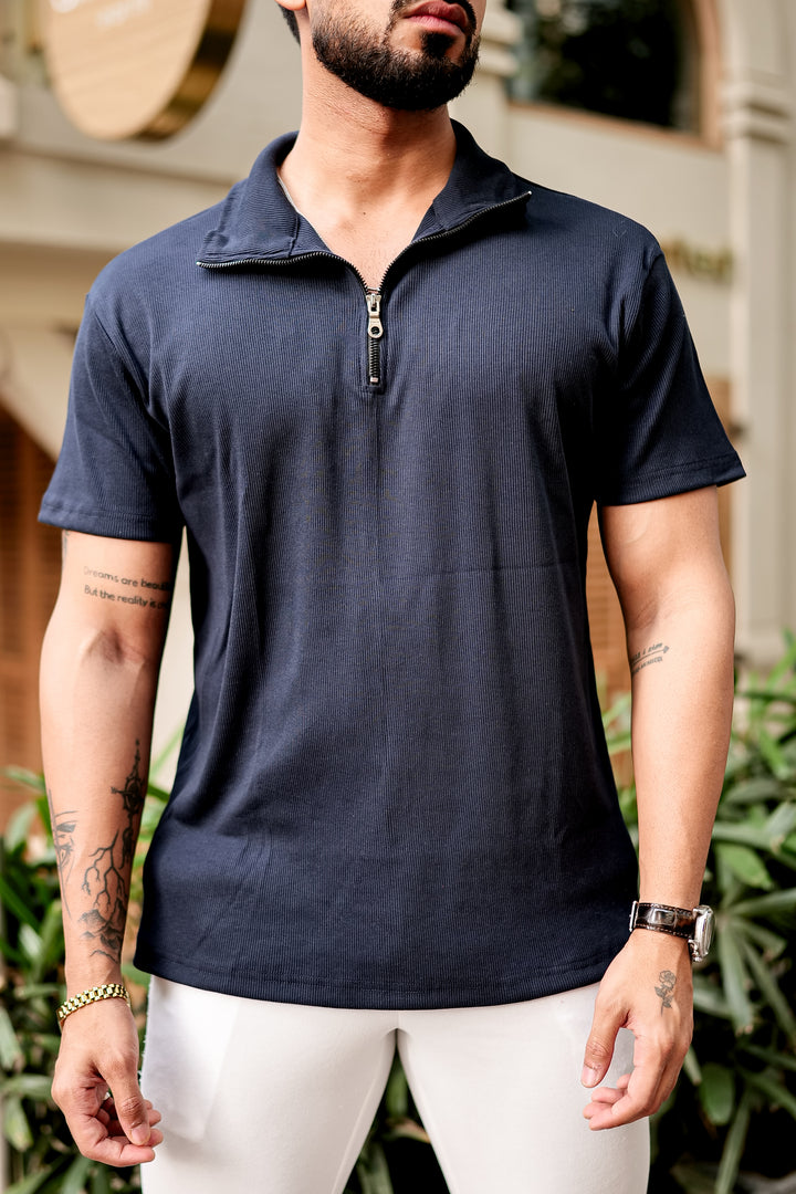 Black Waffle Zipper T-Shirt