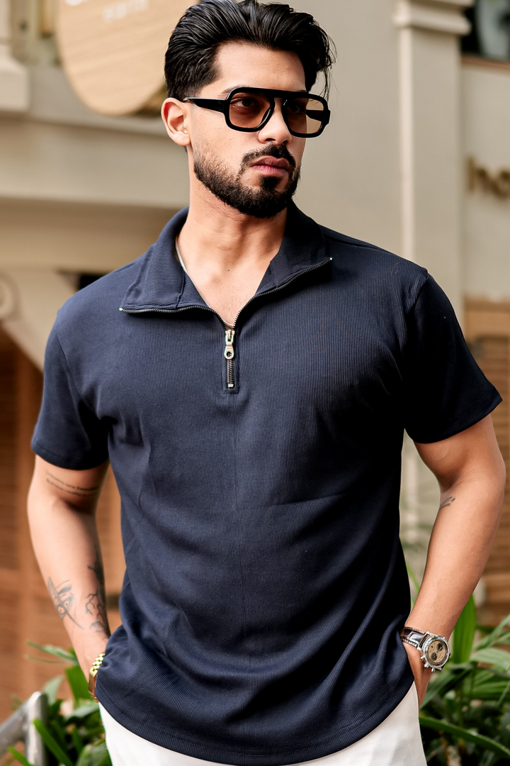 Black Waffle Zipper T-Shirt