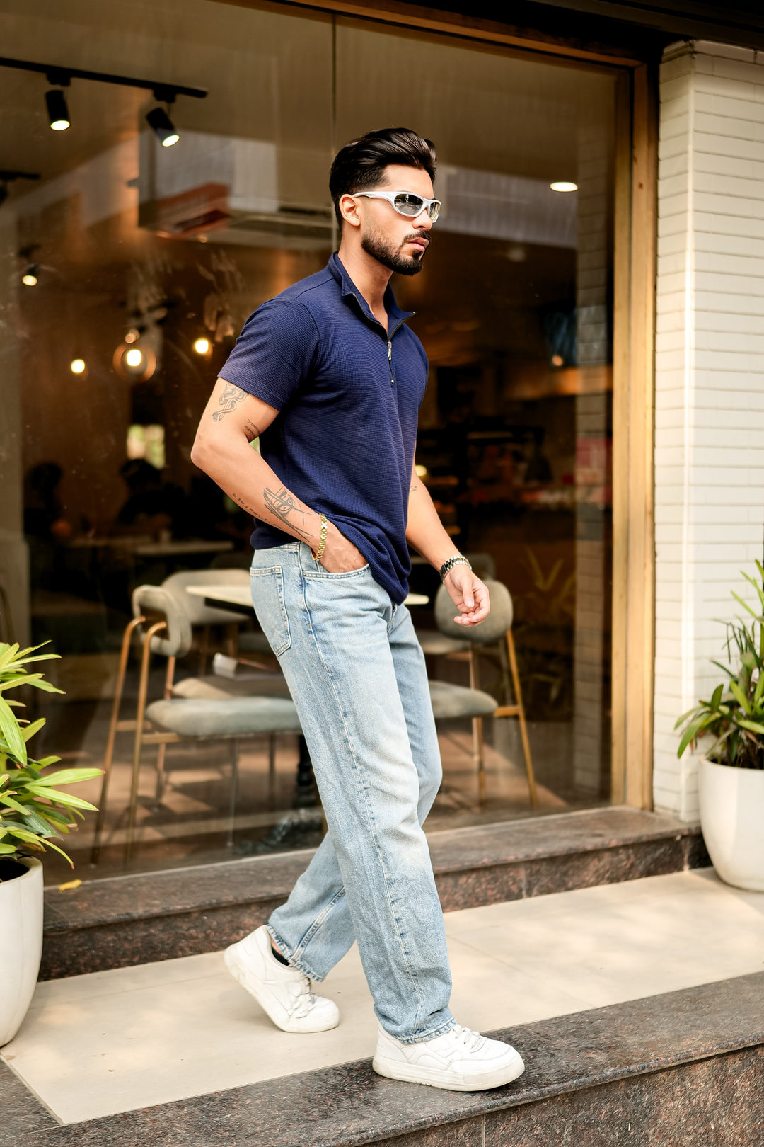 Navy Waffle Zipper T-Shirt