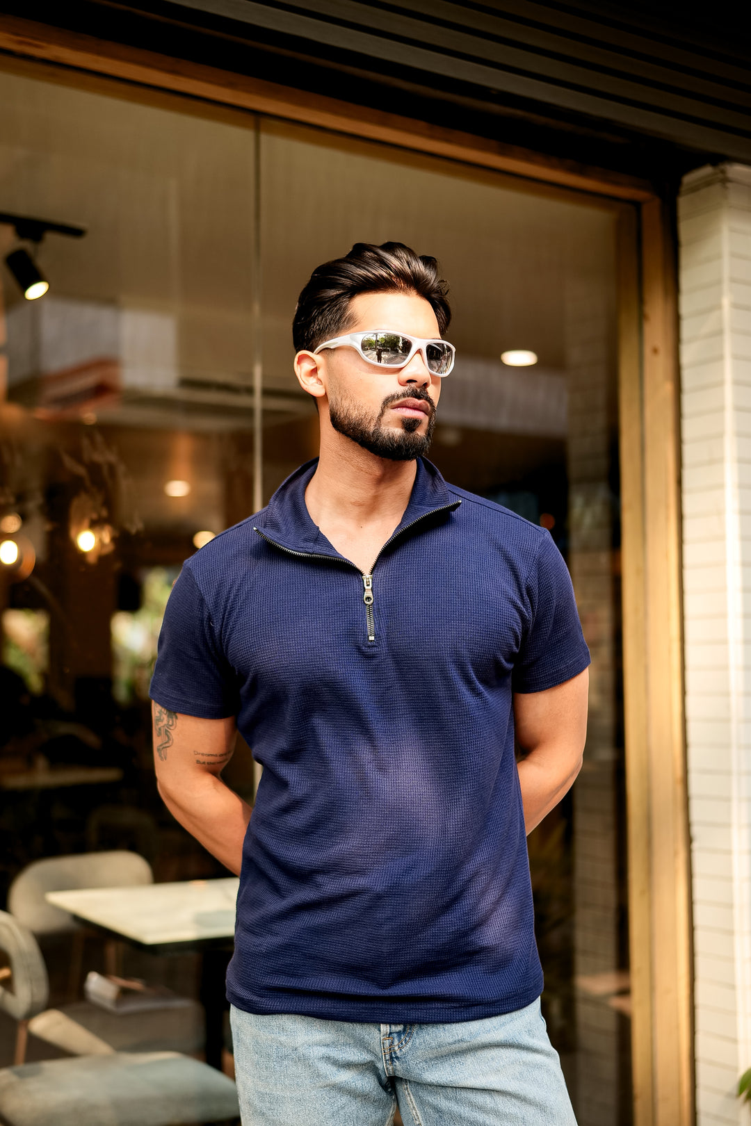 Navy Waffle Zipper T-Shirt