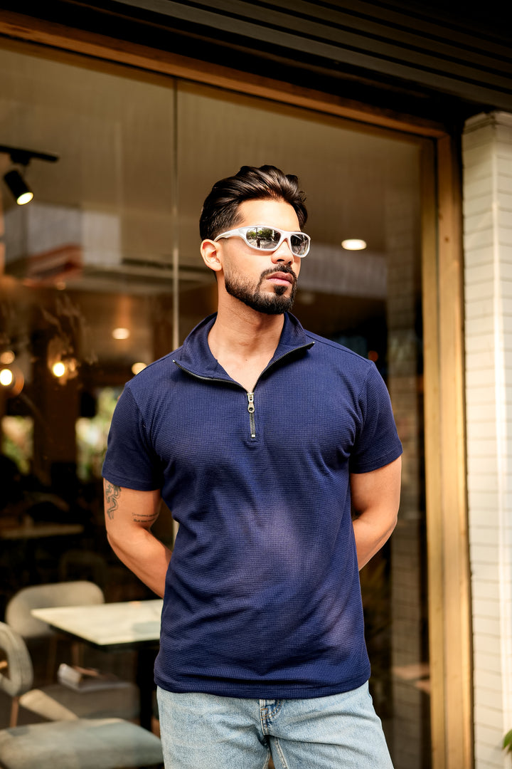 Navy Waffle Zipper T-Shirt